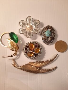 Gold Leaf and Stones Brooch Set - Gold, Silver, Green, Amber, Turquoise